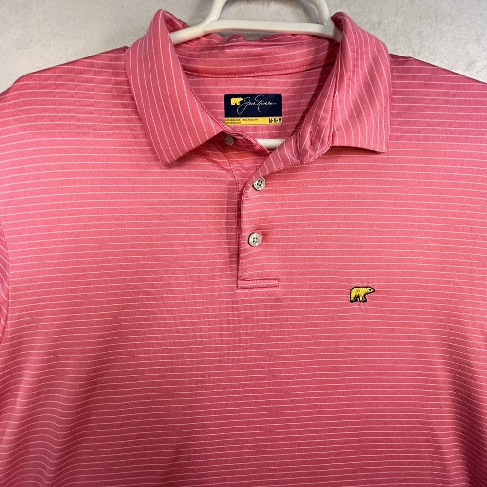 Jack Nicklaus Golden Bear Polo Men Size M Pink Striped Short Sleeve Golf Shirt - Picture 2 of 5
